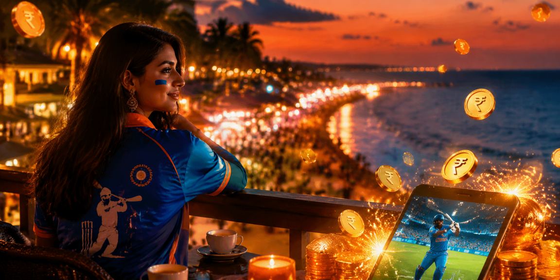 Goa beach at sunset with cricket fans and rupee currency representing Indian betting