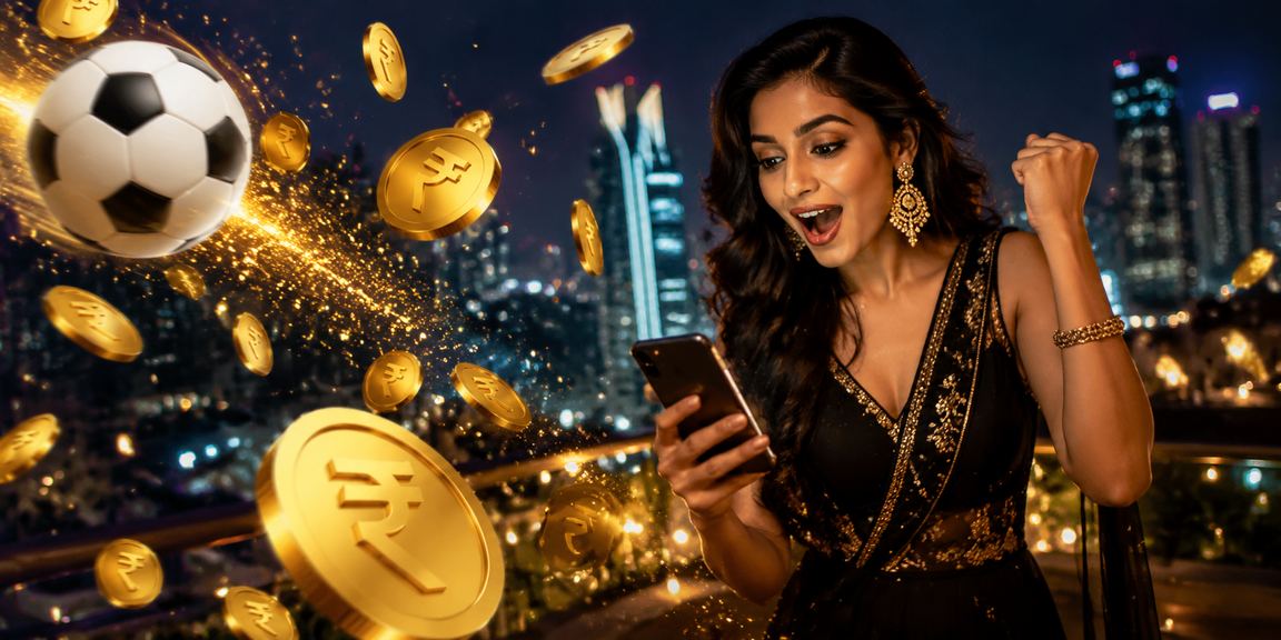 Football betting enthusiast using mobile app with rupee currency