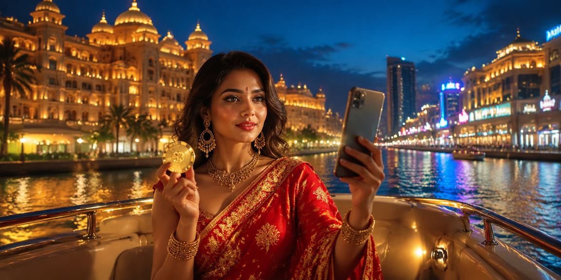Young Indian woman playing Teen Patti mobile casino game in traditional saree