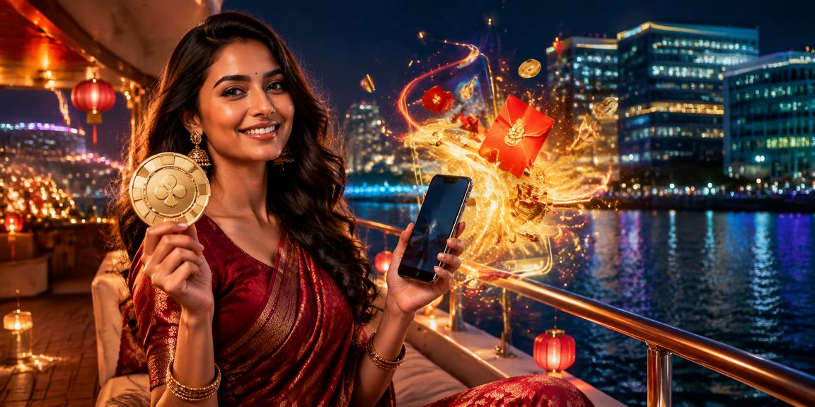 Indian player celebrating bonus with festive red envelope