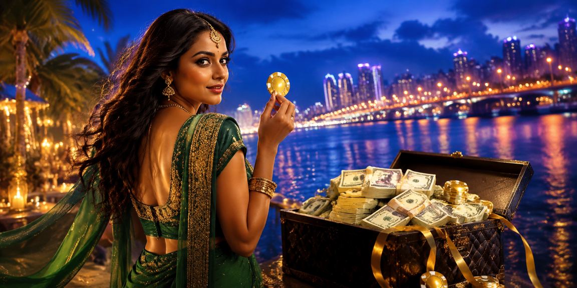 Evening street in Mumbai with betting neon lights and traditional attire